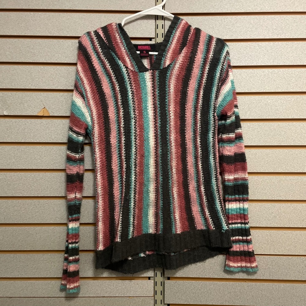 Rock & Roll Denim Striped Western Knit Hoodie Sweater Women S Pink Teal Gray